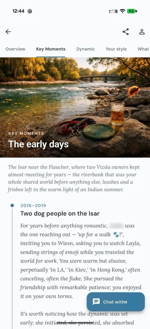 Unspool story screen: a relationship told in chapters with key moments quoted